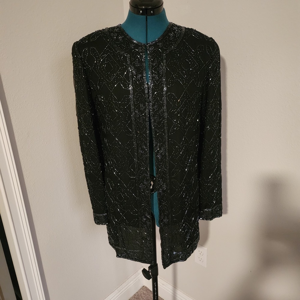 J Kara Evening Jacket Women Medium Black Beaded Silk Vintage Retro Formal